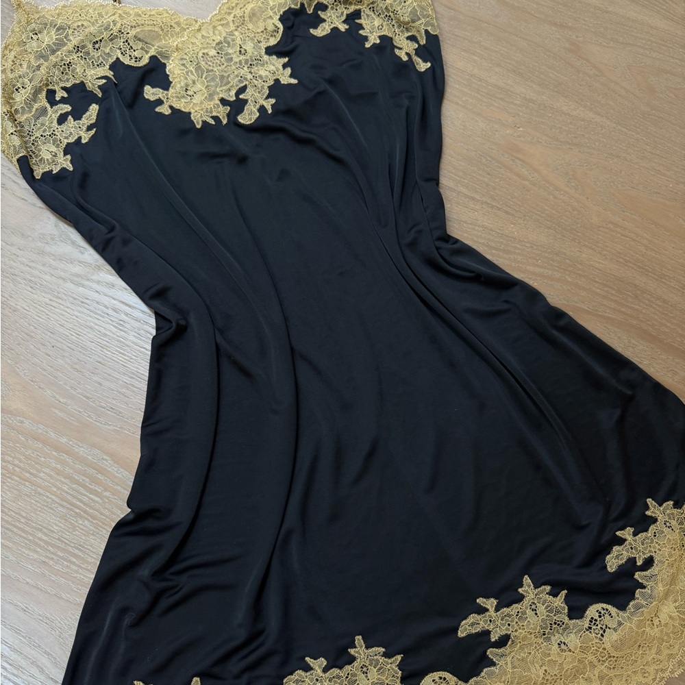 Vintage Natori Black and Gold Lace Dress